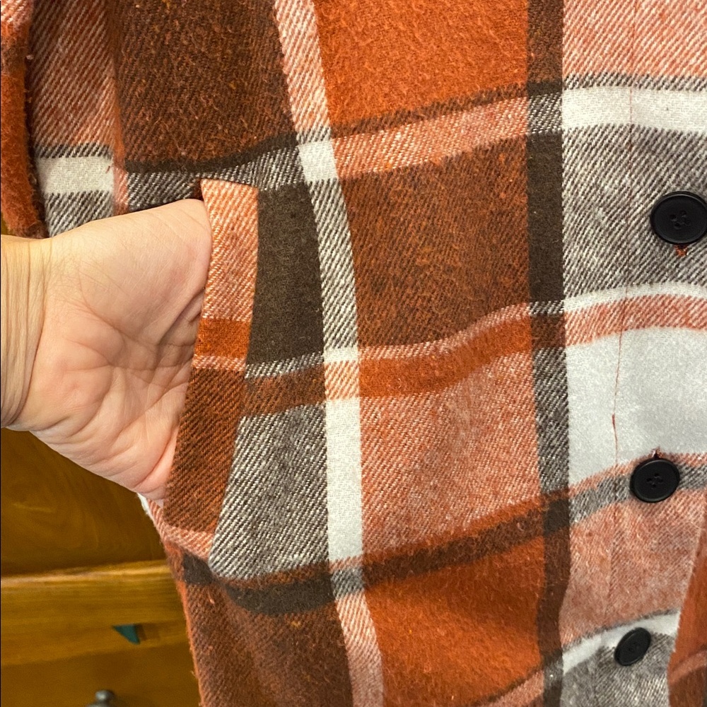 Plaid Hooded long Coat with Button Closure size small - Picture 2 of 6